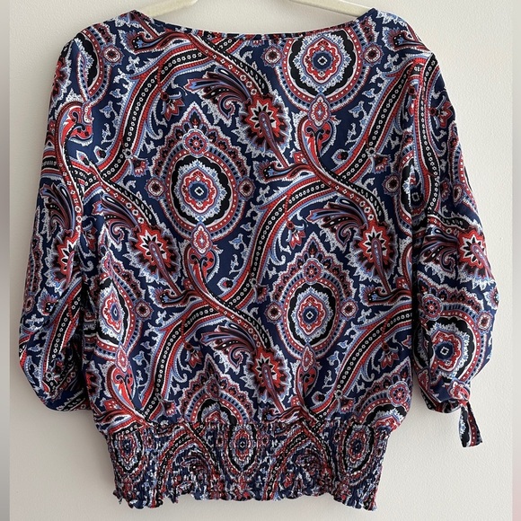 Michael Kors Multicolor Paisley Roll Tab Sleeve Smocked Blouse, Size Large - Picture 14 of 16